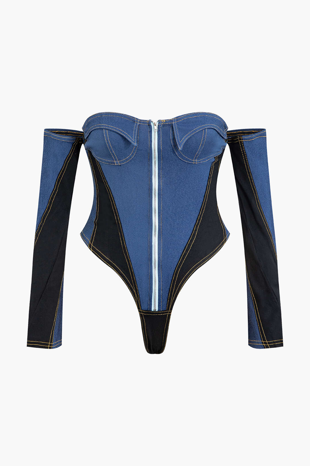 Contrast Denim Off-Shoulder Long Sleeve Bodysuit - Y2K Aesthetic Fashion Essential