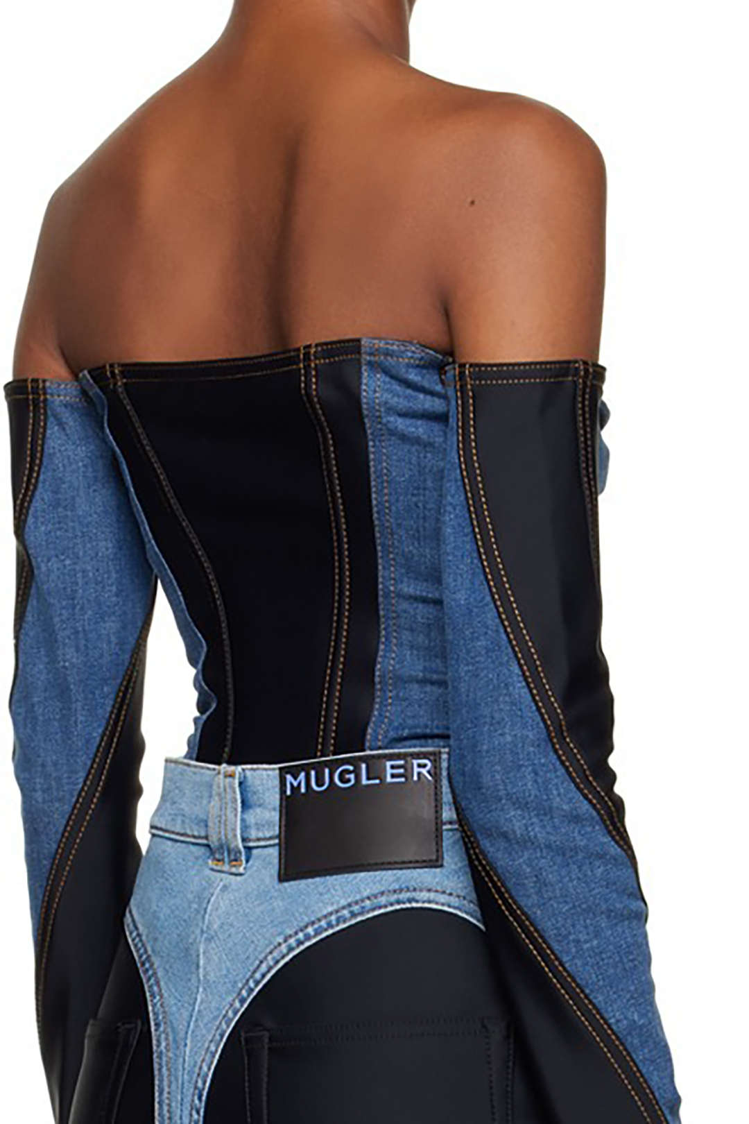 Contrast Denim Off-Shoulder Long Sleeve Bodysuit - Y2K Aesthetic Fashion Essential Contrast Denim Off-Shoulder Long Sleeve Bodysuit - Y2K Aesthetic Fashion Essential