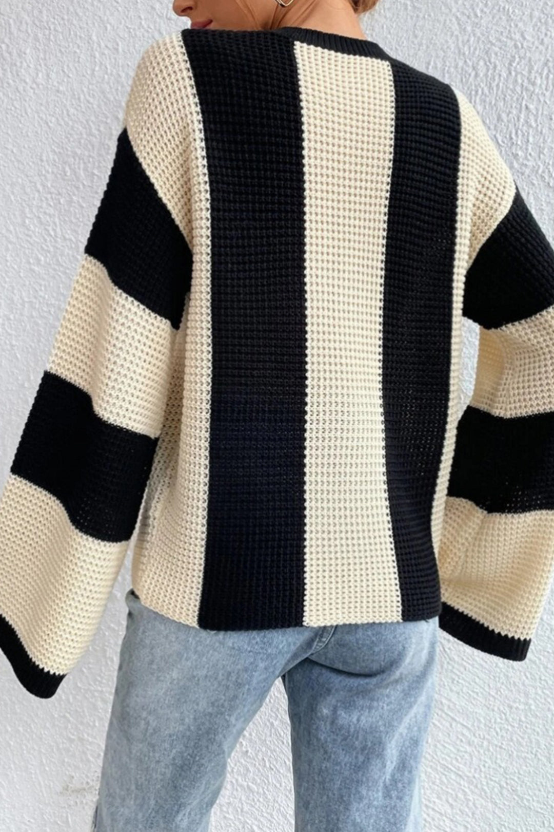 Contrast Stripe Bell Sleeve Knit Pullover Sweater - Y2K Aesthetic Cozy Top for Stylish Outfits Contrast Stripe Bell Sleeve Knit Pullover Sweater - Y2K Aesthetic Cozy Top for Stylish Outfits