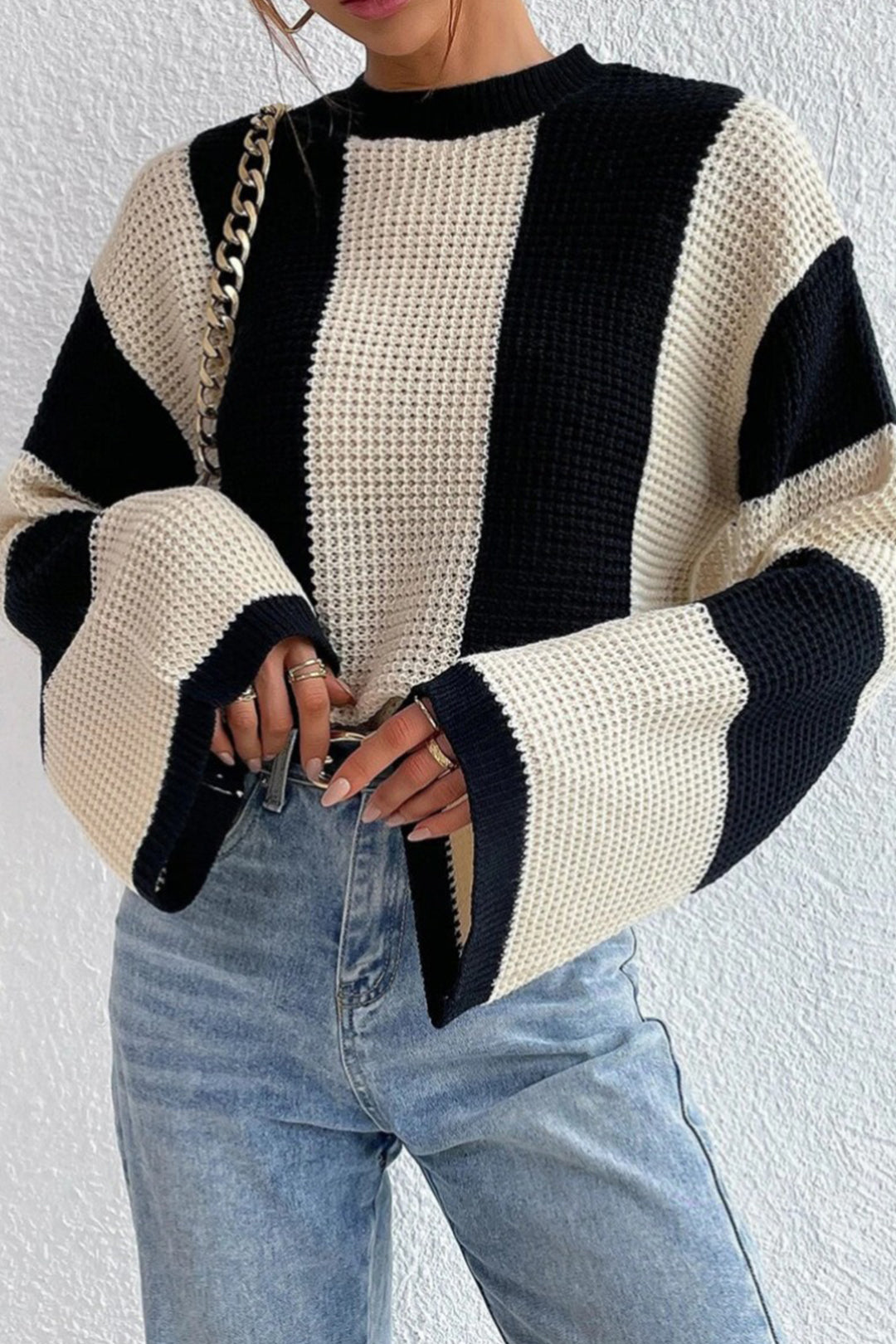 Contrast Stripe Bell Sleeve Knit Pullover Sweater - Y2K Aesthetic Cozy Top for Stylish Outfits Contrast Stripe Bell Sleeve Knit Pullover Sweater - Y2K Aesthetic Cozy Top for Stylish Outfits