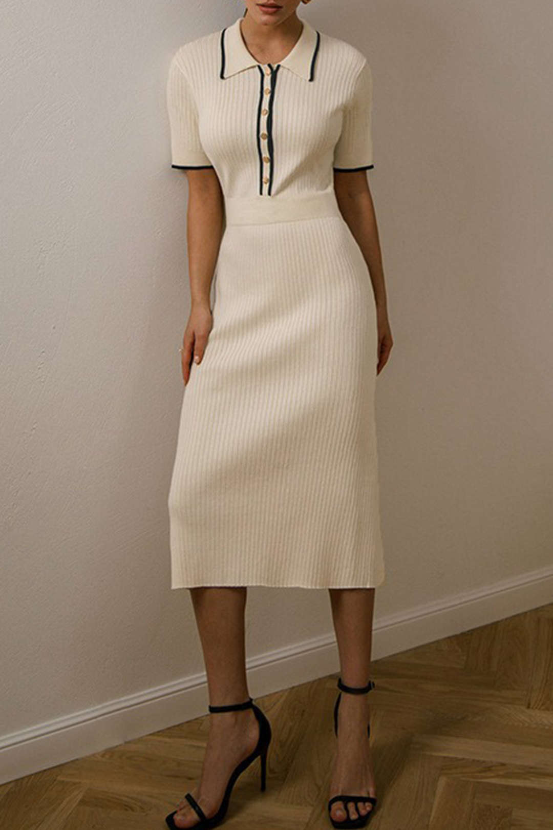 Contrast Trim Collared Rib Knit Midi Dress - Y2K Aesthetic Short Sleeve Fashion Statement Contrast Trim Collared Rib Knit Midi Dress - Y2K Aesthetic Short Sleeve Fashion Statement