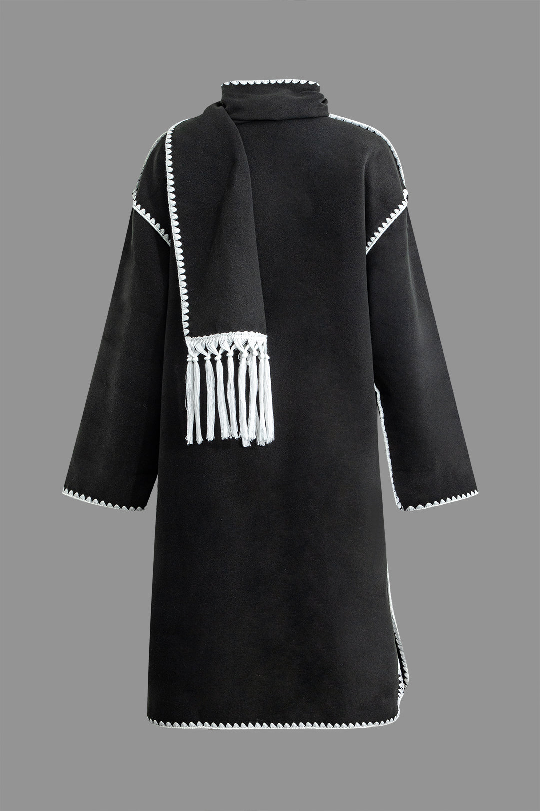 Contrast Trim Patch Pocket Button Coat with Tassel Scarf - Y2K Aesthetic Outerwear for Stylish Looks Contrast Trim Patch Pocket Button Coat with Tassel Scarf - Y2K Aesthetic Outerwear for Stylish Looks