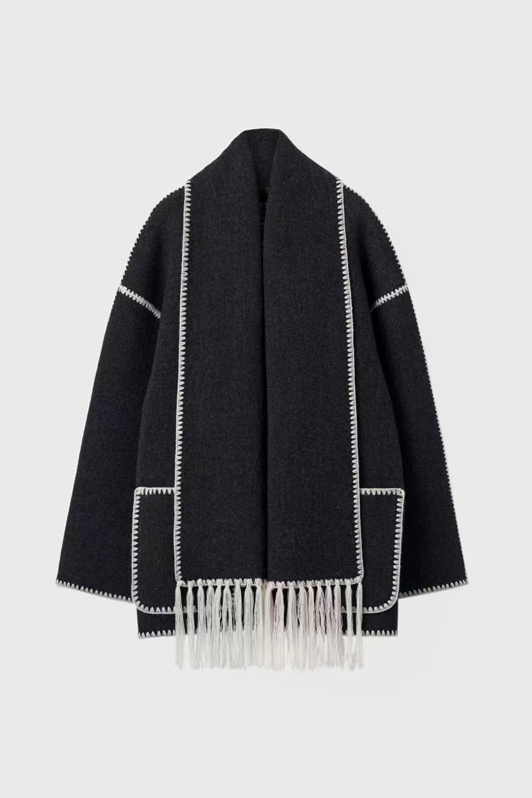 Contrast Trim Wool-Blend Coat with Tassel Scarf for Y2K Aesthetic and Coquette Style Contrast Trim Wool-Blend Coat with Tassel Scarf for Y2K Aesthetic and Coquette Style