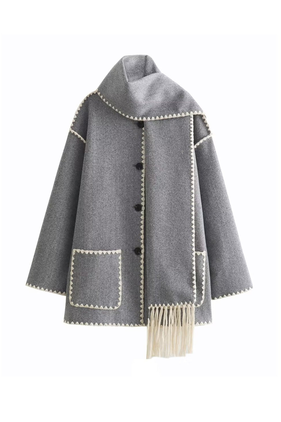 Contrast Trim Wool-Blend Coat with Tassel Scarf for Y2K Aesthetic and Coquette Style Contrast Trim Wool-Blend Coat with Tassel Scarf for Y2K Aesthetic and Coquette Style