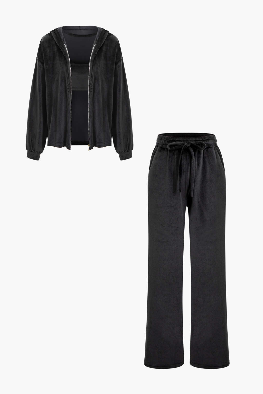 Coquette Aesthetic Velvet Tank Top, Zipper Hoodie & Drawstring Straight Leg Pants Set Coquette Aesthetic Velvet Tank Top, Zipper Hoodie & Drawstring Straight Leg Pants Set