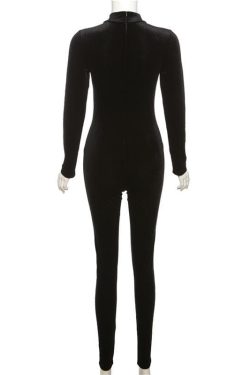 Coquette Aesthetic Zip-Up Long Sleeve High Neck Velvet Jumpsuit for Y2K Fashion Lovers