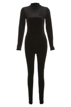 Coquette Aesthetic Zip-Up Long Sleeve High Neck Velvet Jumpsuit for Y2K Fashion Lovers