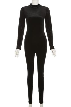 Coquette Aesthetic Zip-Up Long Sleeve High Neck Velvet Jumpsuit for Y2K Fashion Lovers