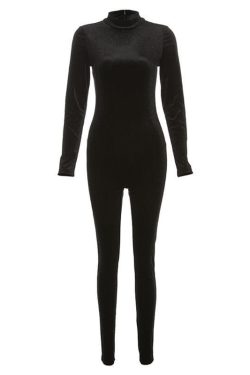 Coquette Aesthetic Zip-Up Long Sleeve High Neck Velvet Jumpsuit for Y2K Fashion Lovers