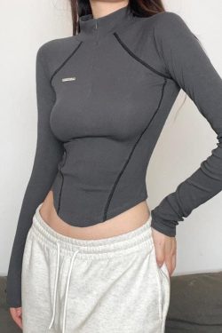 Coquette Aesthetic Zip-Up Long Sleeve Solid High Neck Top for Y2K Fashion Lovers