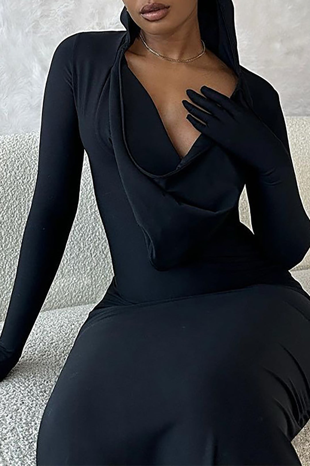 Cowl Neck Long Sleeve Slit Maxi Dress with Gloves - Y2K Aesthetic Fashion Statement Cowl Neck Long Sleeve Slit Maxi Dress with Gloves - Y2K Aesthetic Fashion Statement