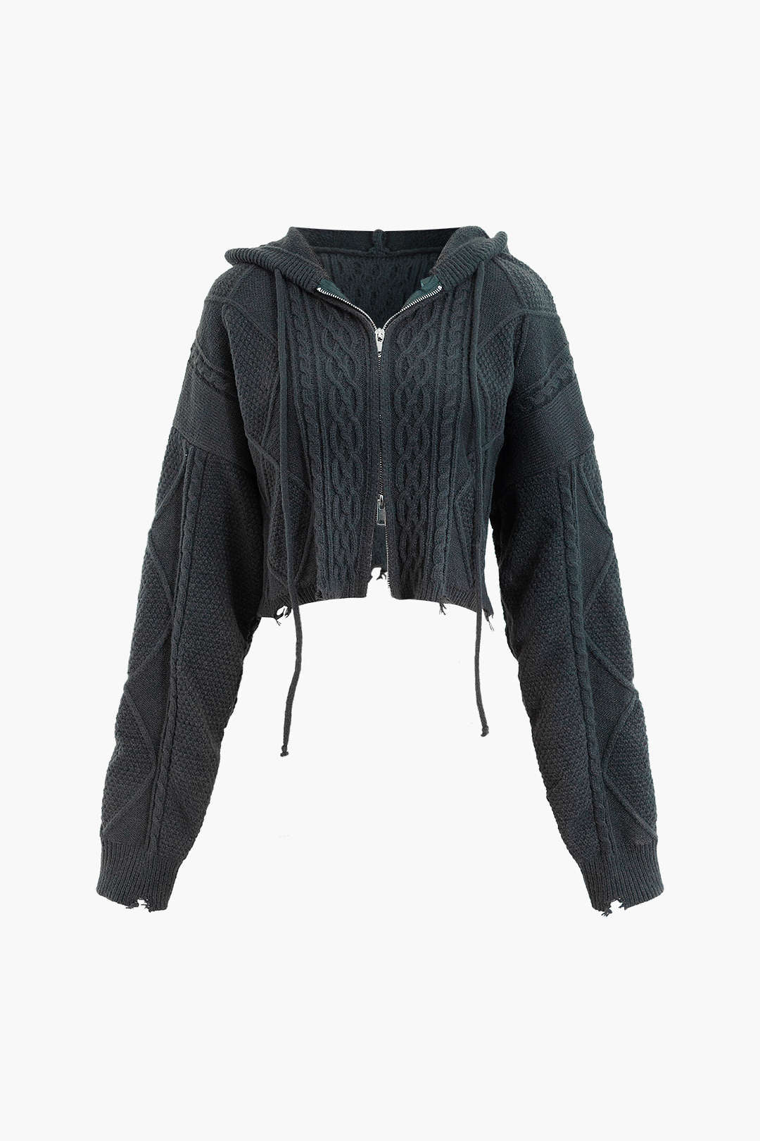 Cozy Hooded Destroyed Zip-Up Cable Knit Cardigan for Y2K and Grunge Aesthetic Lovers
