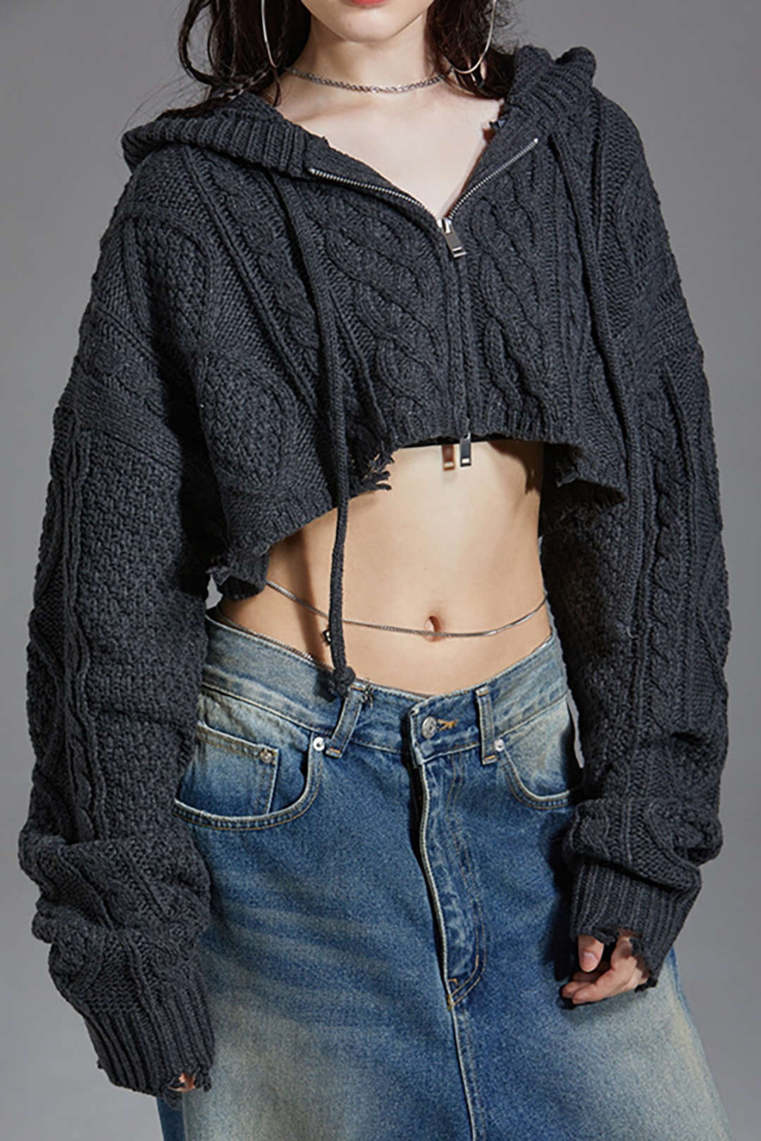 Cozy Hooded Destroyed Zip-Up Cable Knit Cardigan for Y2K and Grunge Aesthetic Lovers