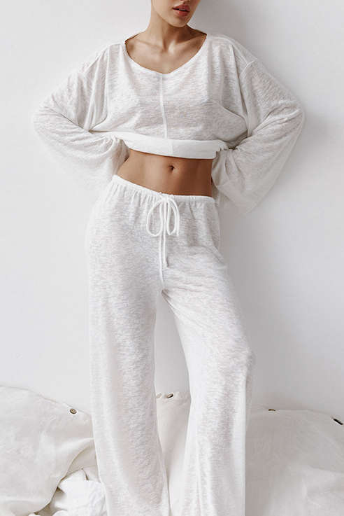 Cozy Solid Crew Neck Long Sleeve Top & Drawstring Straight Leg Pants Set for Y2K Aesthetic Cozy Solid Crew Neck Long Sleeve Top & Drawstring Straight Leg Pants Set for Y2K Aesthetic