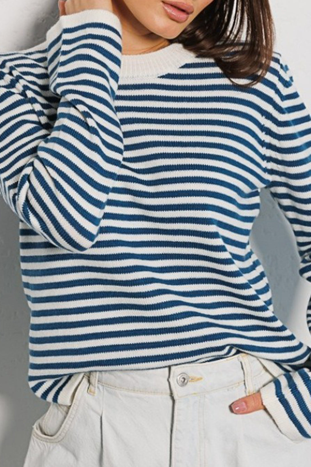 Cozy Stripe Crew Neck Ribbed Trim Pullover Sweater for Y2K Aesthetic Outfits Cozy Stripe Crew Neck Ribbed Trim Pullover Sweater for Y2K Aesthetic Outfits