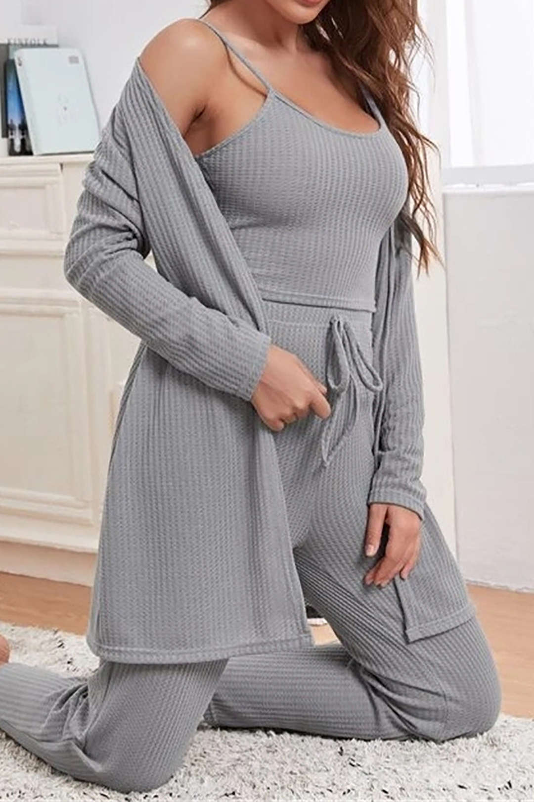 Cozy Waffle Cami Top, Drawstring Pants & Long Sleeve Cardigan 3-Piece Set for Y2K Style Cozy Waffle Cami Top, Drawstring Pants & Long Sleeve Cardigan 3-Piece Set for Y2K Style