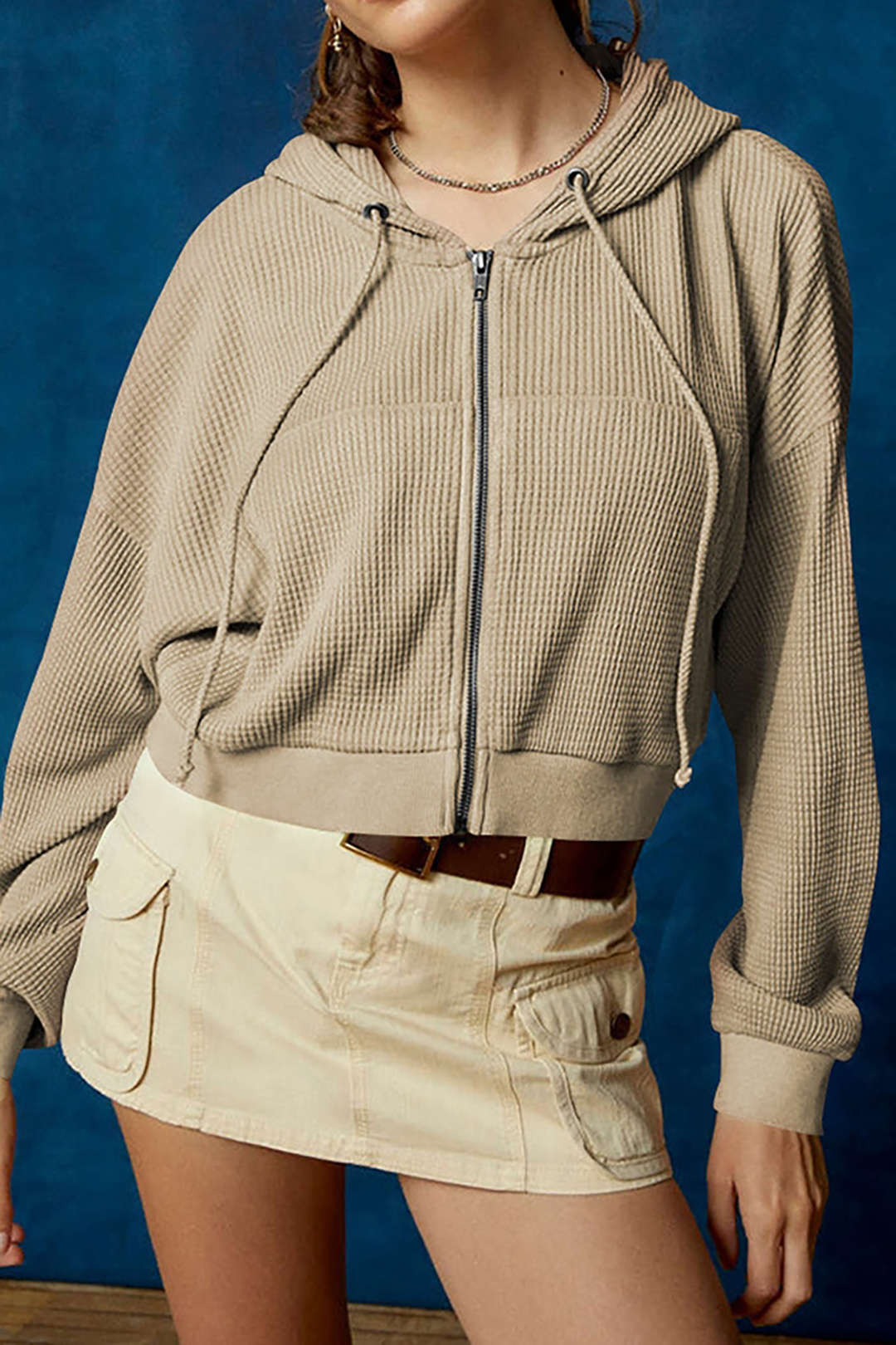 Cozy Waffle Knit Zip-Up Hooded Cardigan with Kangaroo Pocket for Y2K Aesthetic Style