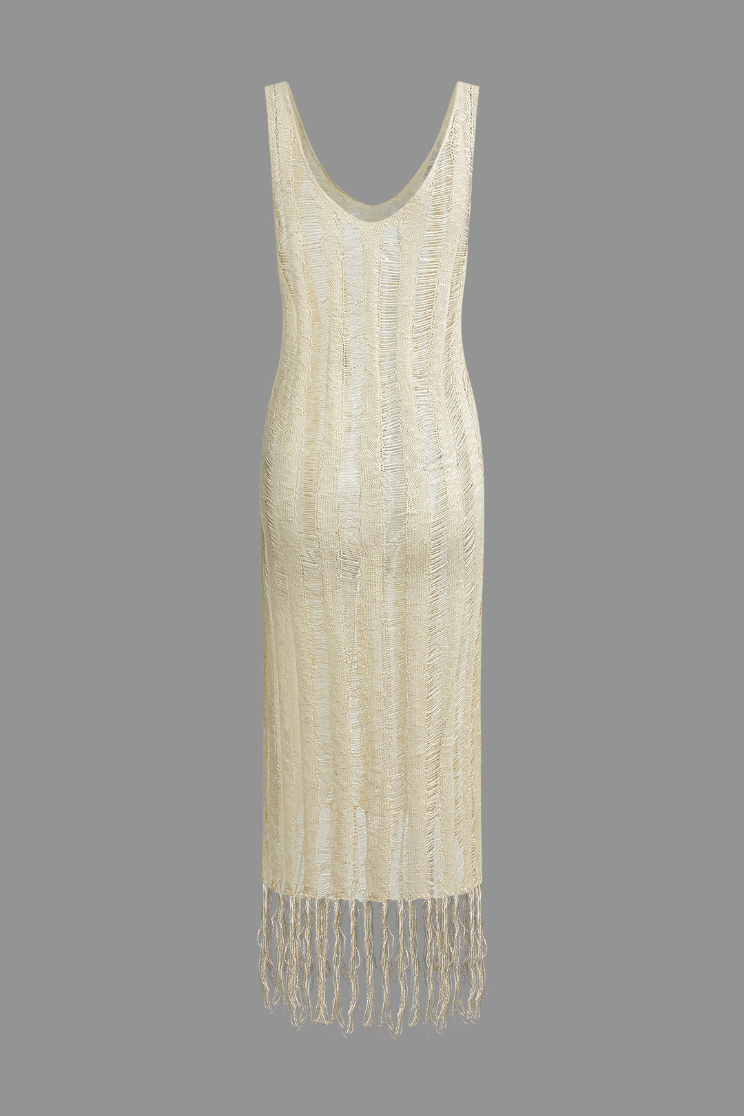 Distressed V-Neck Sleeveless Knit Maxi Dress with Ladder Fringe Hem for Y2K Aesthetic Distressed V-Neck Sleeveless Knit Maxi Dress with Ladder Fringe Hem for Y2K Aesthetic