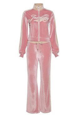 Embroidered High Neck Zip-Up Set: Y2K Fashion Meets Cozy Chic Aesthetic Outfit