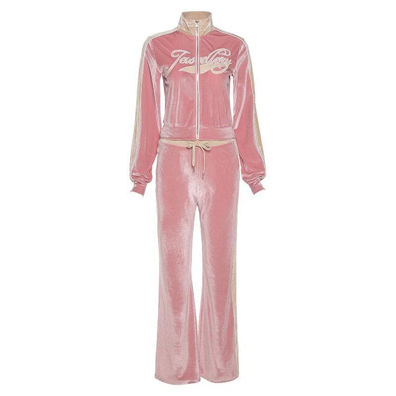 Embroidered High Neck Zip-Up Set: Y2K Fashion Meets Cozy Chic Aesthetic Outfit Embroidered High Neck Zip-Up Set: Y2K Fashion Meets Cozy Chic Aesthetic Outfit