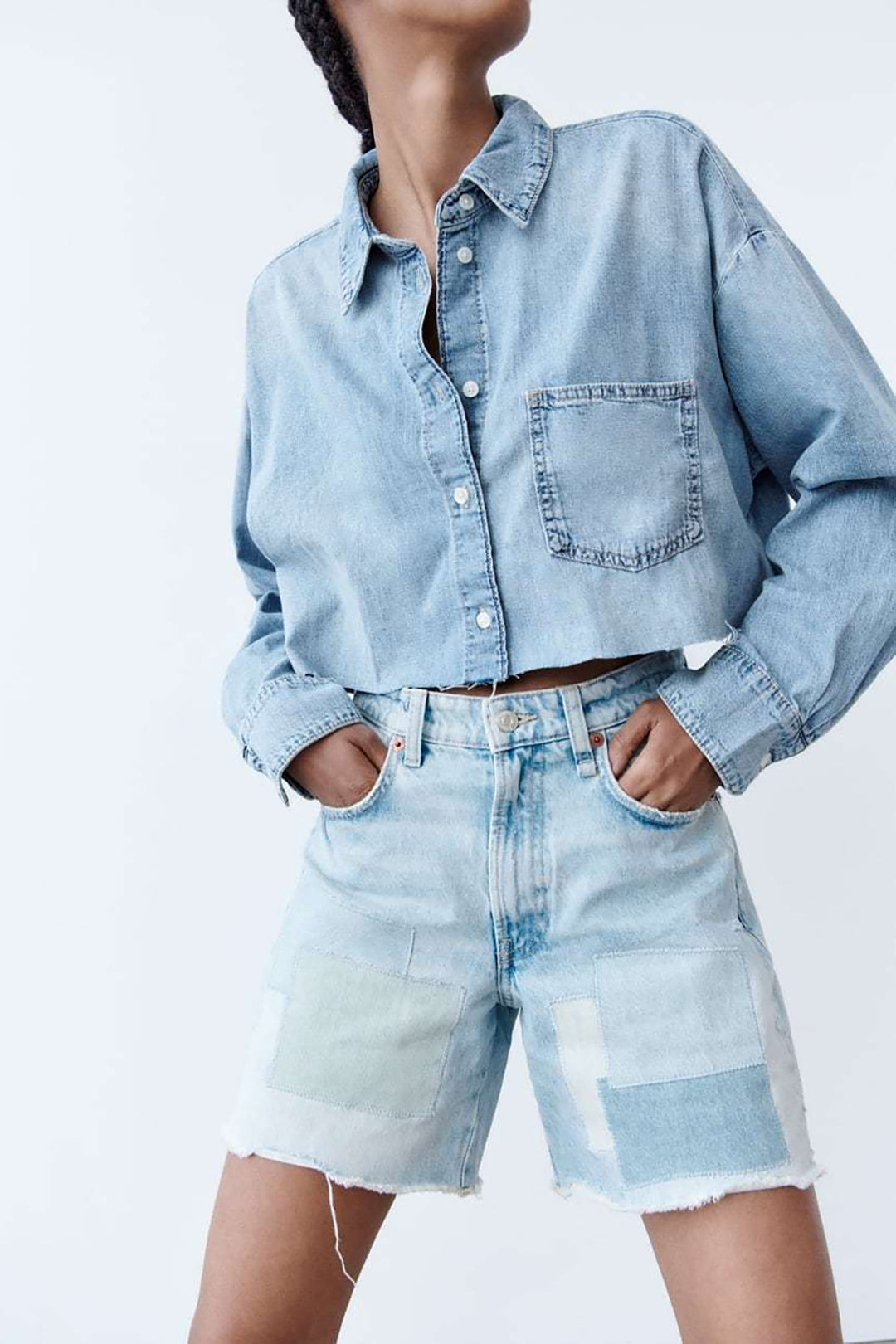 Faded Denim Raw Hem Crop Shirt - Y2K Aesthetic Button-Up for Trendy Outfits Faded Denim Raw Hem Crop Shirt - Y2K Aesthetic Button-Up for Trendy Outfits
