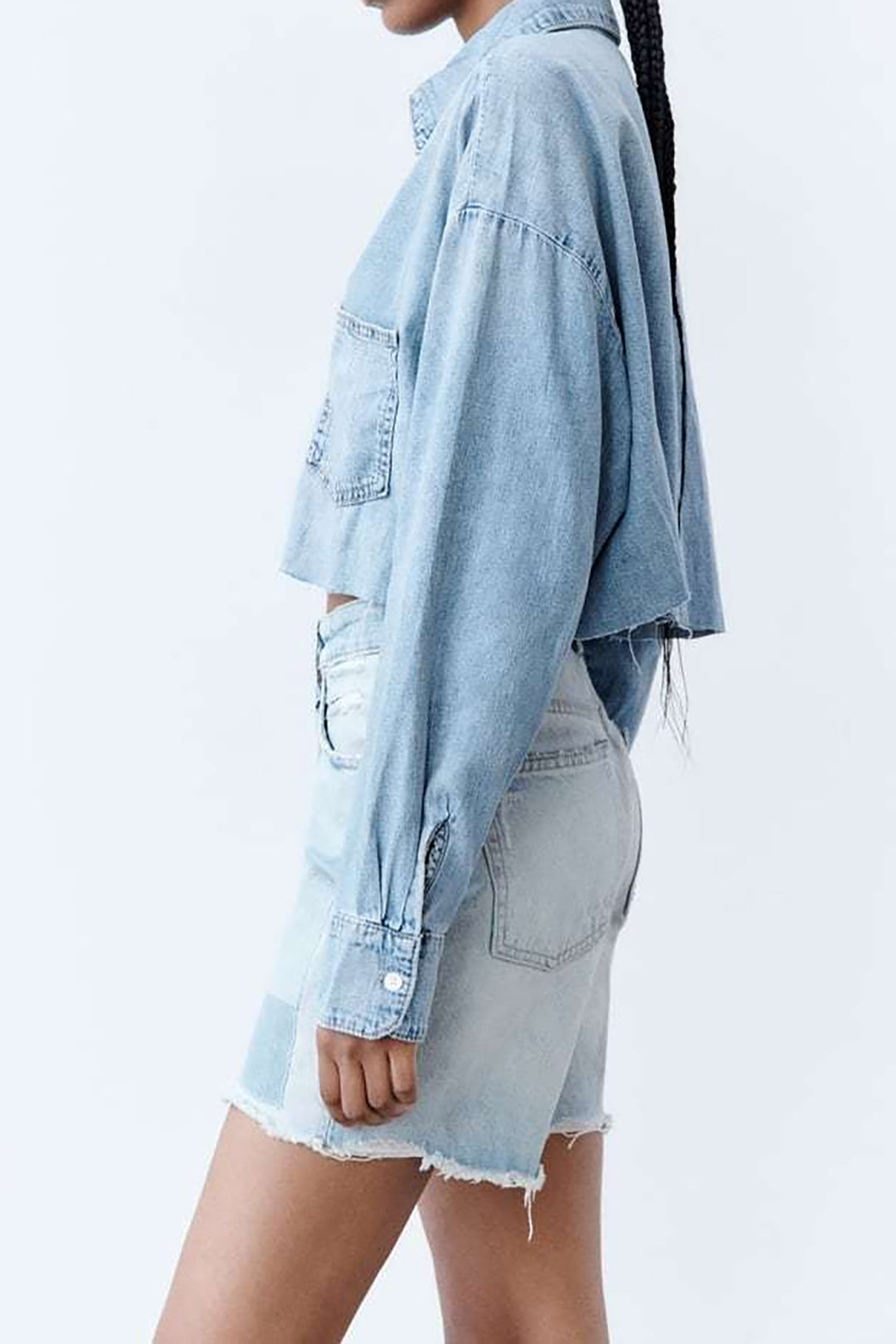 Faded Denim Raw Hem Crop Shirt - Y2K Aesthetic Button-Up for Trendy Outfits Faded Denim Raw Hem Crop Shirt - Y2K Aesthetic Button-Up for Trendy Outfits