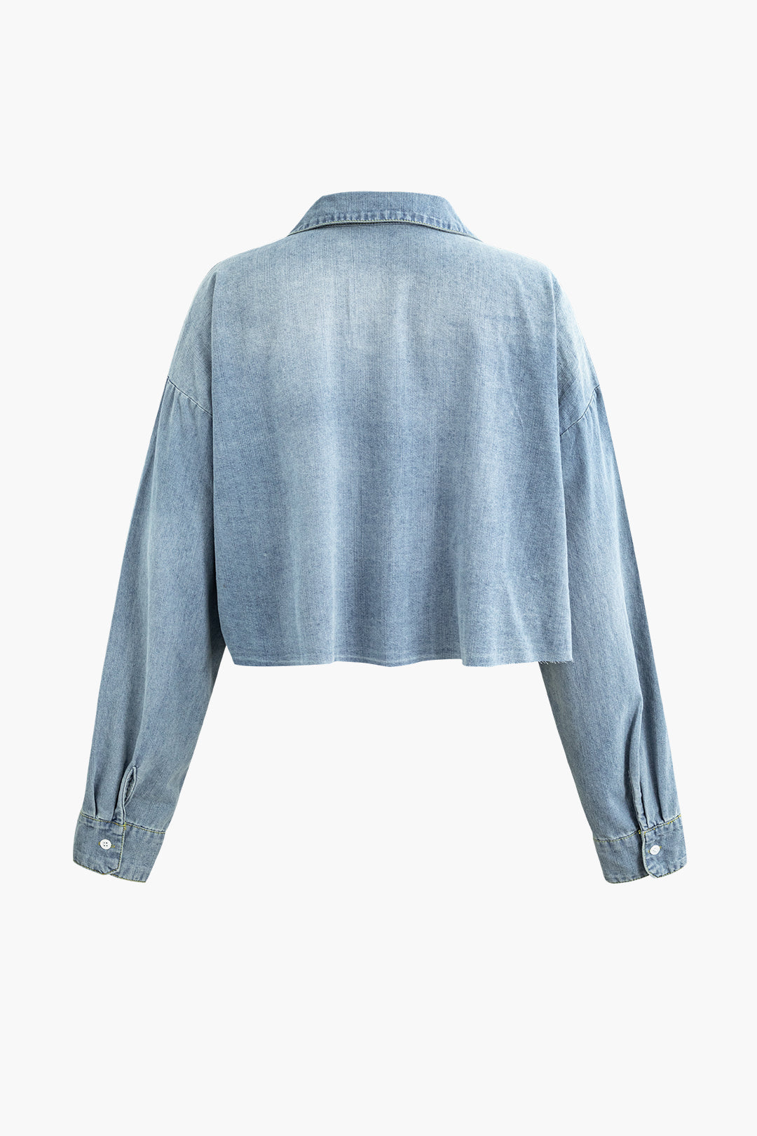 Faded Denim Raw Hem Crop Shirt - Y2K Aesthetic Button-Up for Trendy Outfits Faded Denim Raw Hem Crop Shirt - Y2K Aesthetic Button-Up for Trendy Outfits