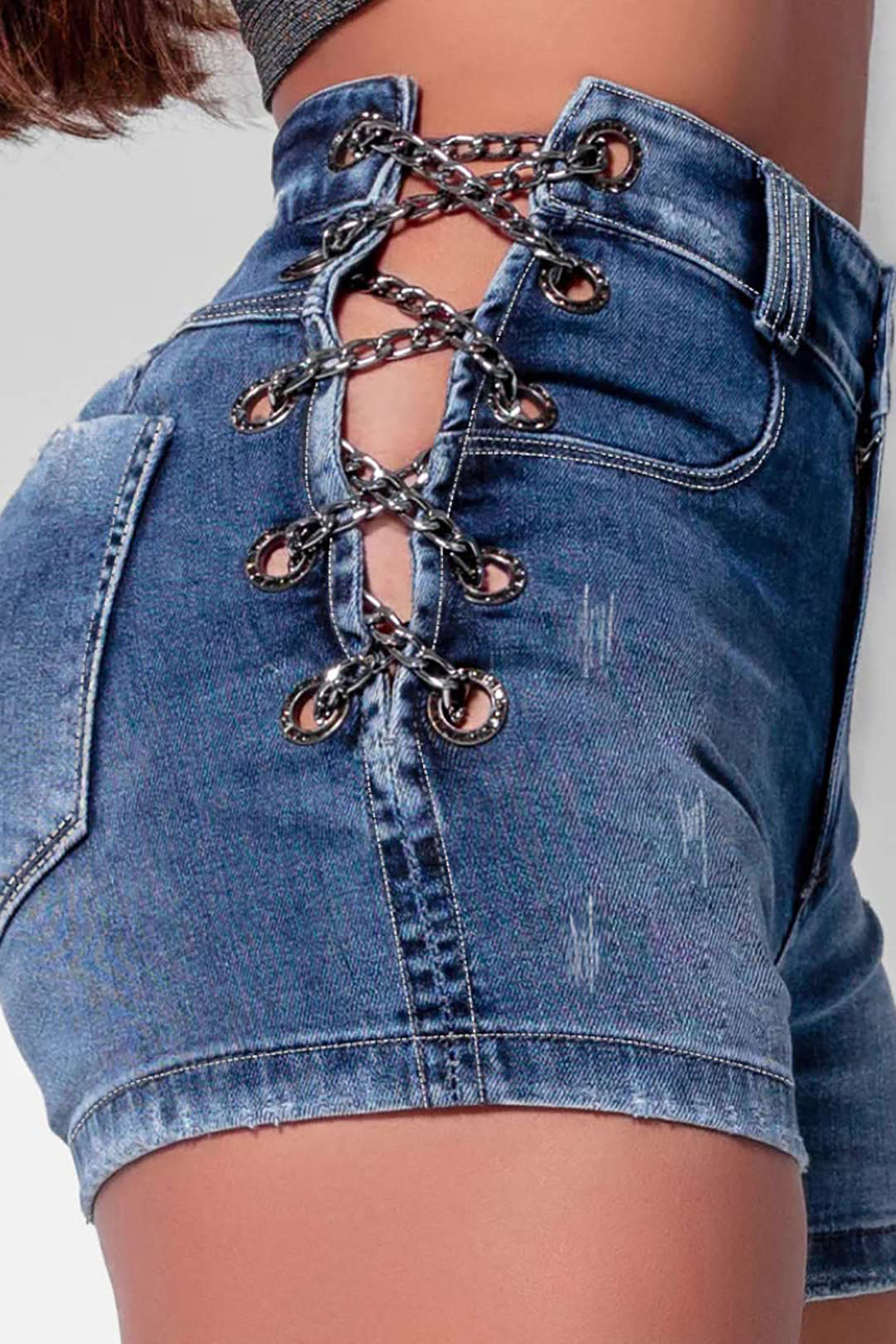 Faded Destroyed Denim Shorts with Chain Detail for Y2K Grunge Aesthetic Outfits Faded Destroyed Denim Shorts with Chain Detail for Y2K Grunge Aesthetic Outfits