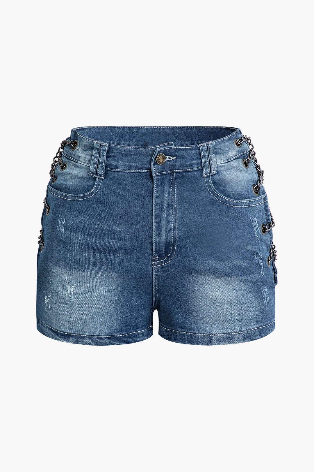 Faded Destroyed Denim Shorts with Chain Detail for Y2K Grunge Aesthetic Outfits Faded Destroyed Denim Shorts with Chain Detail for Y2K Grunge Aesthetic Outfits