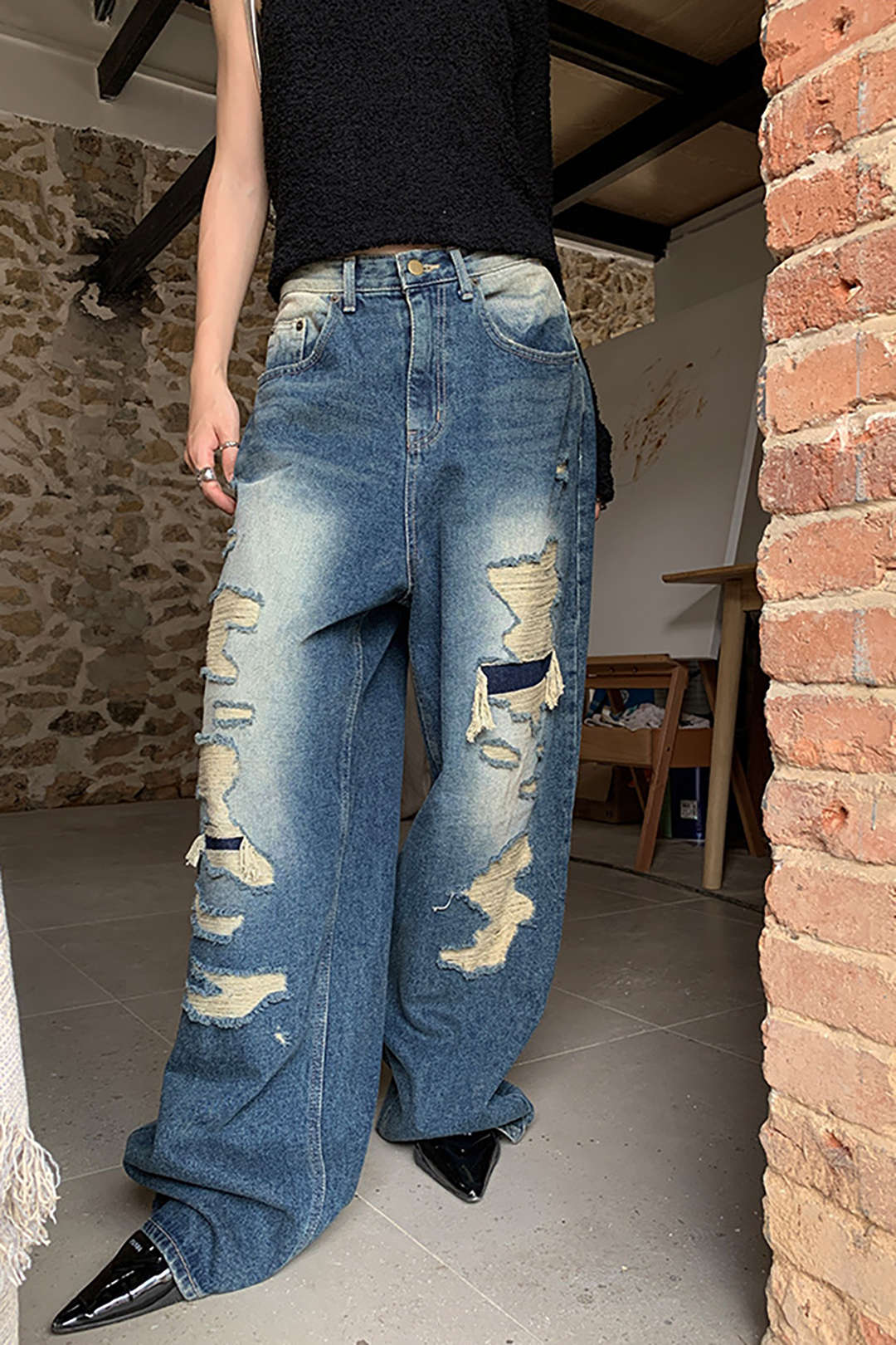 Faded Ripped Wide Leg Jeans - Y2K Grunge Style for Aesthetic Outfits and Casual Looks Faded Ripped Wide Leg Jeans - Y2K Grunge Style for Aesthetic Outfits and Casual Looks