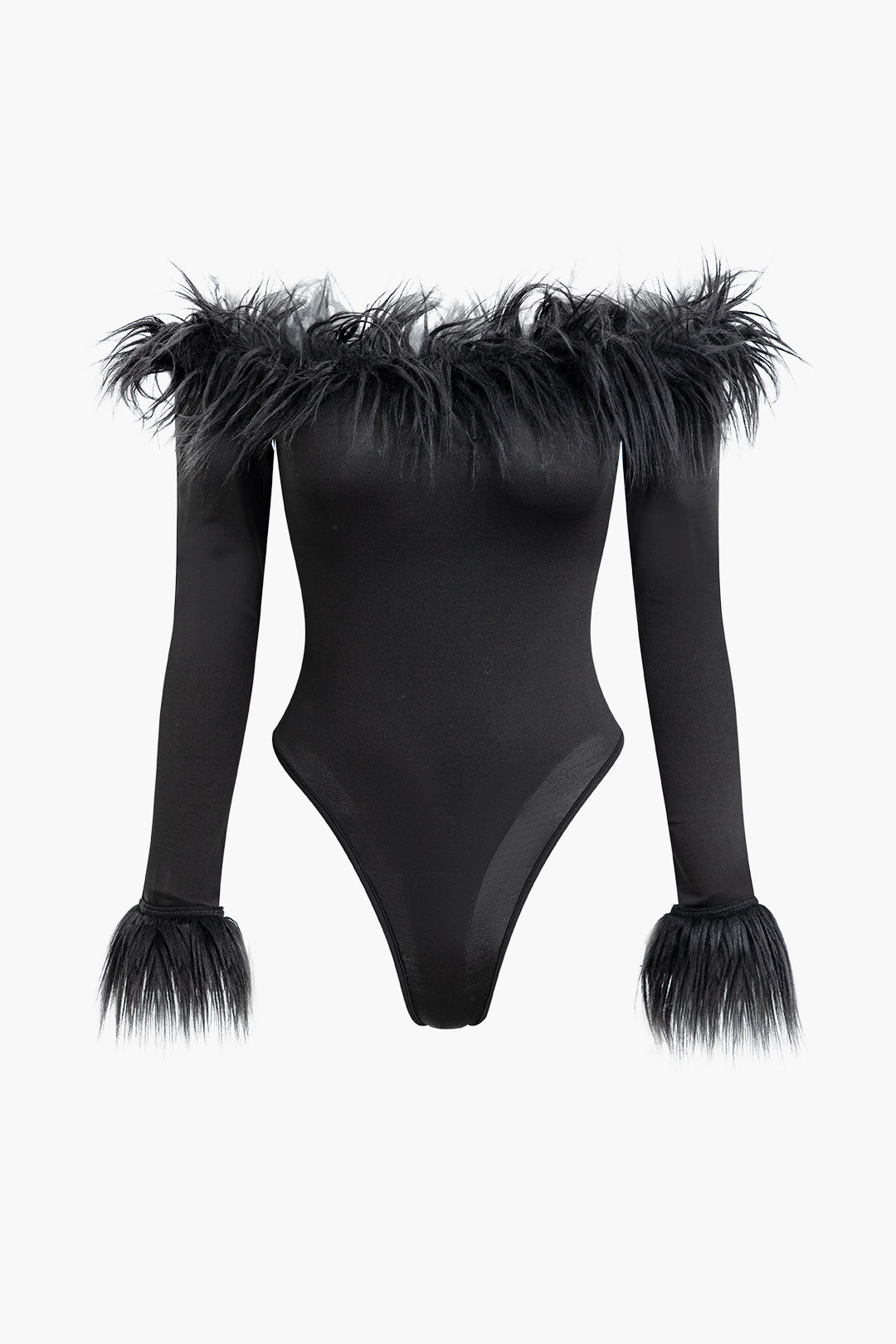 Faux Fur Trim Off-The-Shoulder Long Sleeve Bodysuit for Y2K Fashion & Coquette Aesthetic