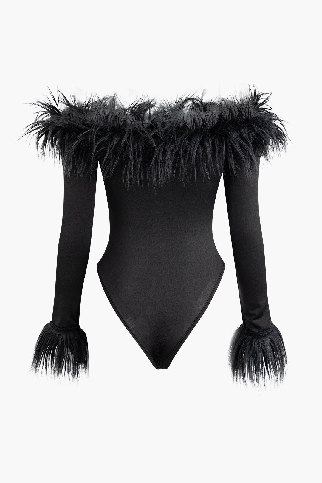 Faux Fur Trim Off-The-Shoulder Long Sleeve Bodysuit for Y2K Fashion & Coquette Aesthetic