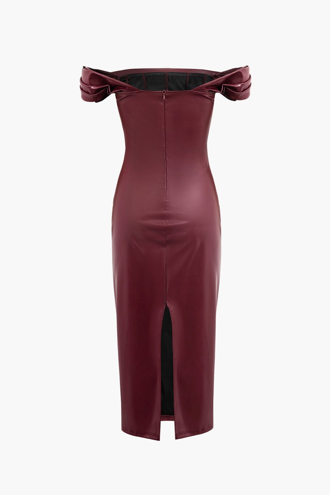 Faux Leather Off Shoulder Ruched Midi Dress with Slit - Y2K Aesthetic Fashion Statement Faux Leather Off Shoulder Ruched Midi Dress with Slit - Y2K Aesthetic Fashion Statement
