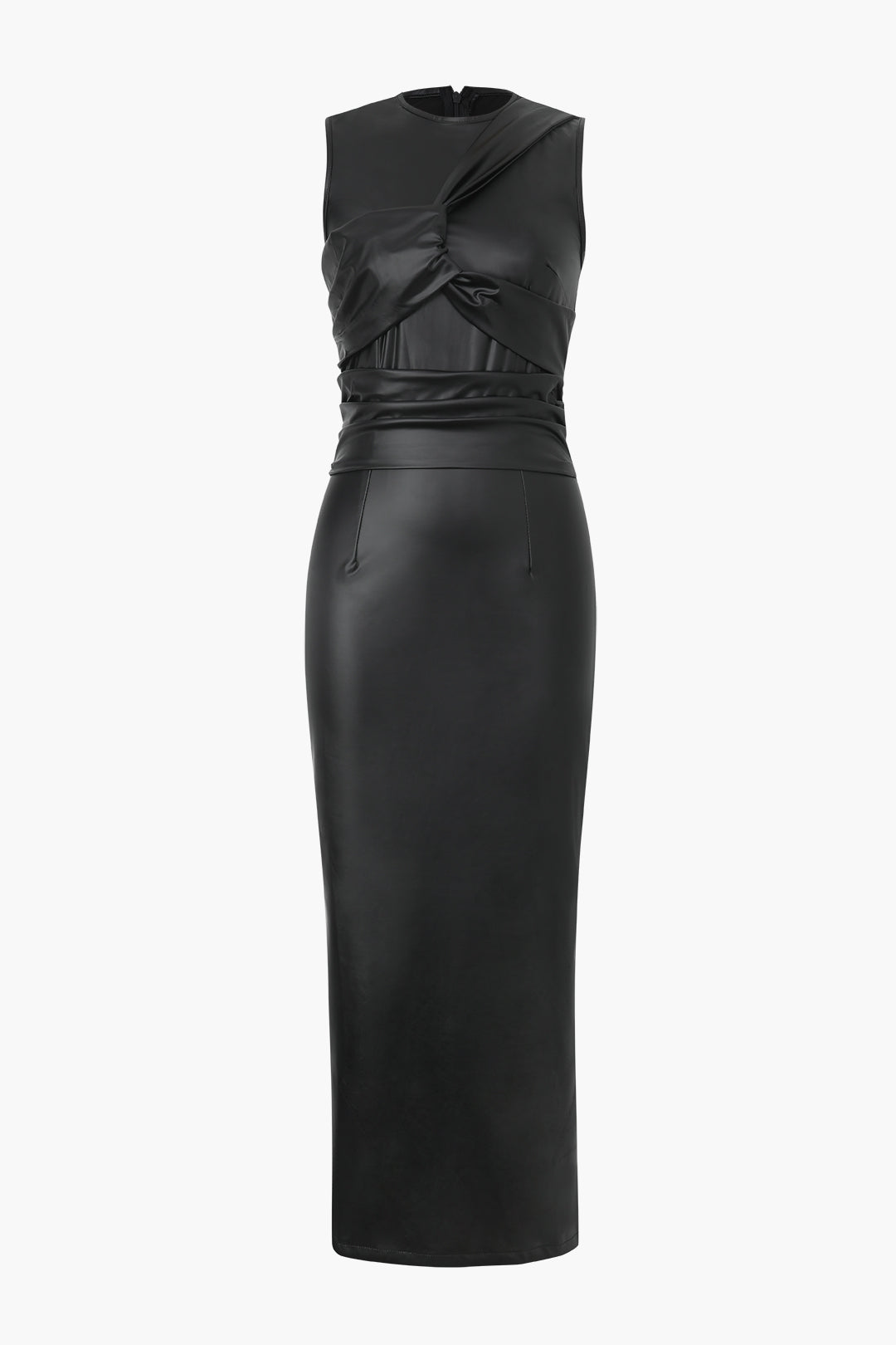 Faux Leather Ruched Slit Midi Dress - Y2K Aesthetic Sleeveless Fashion Statement Faux Leather Ruched Slit Midi Dress - Y2K Aesthetic Sleeveless Fashion Statement