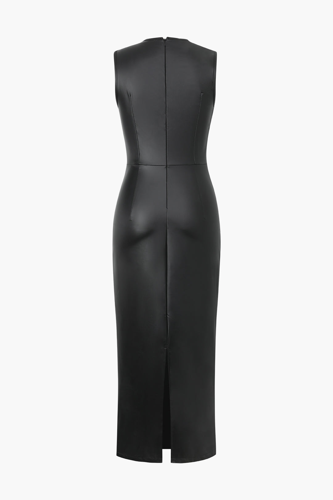 Faux Leather Ruched Slit Midi Dress - Y2K Aesthetic Sleeveless Fashion Statement Faux Leather Ruched Slit Midi Dress - Y2K Aesthetic Sleeveless Fashion Statement