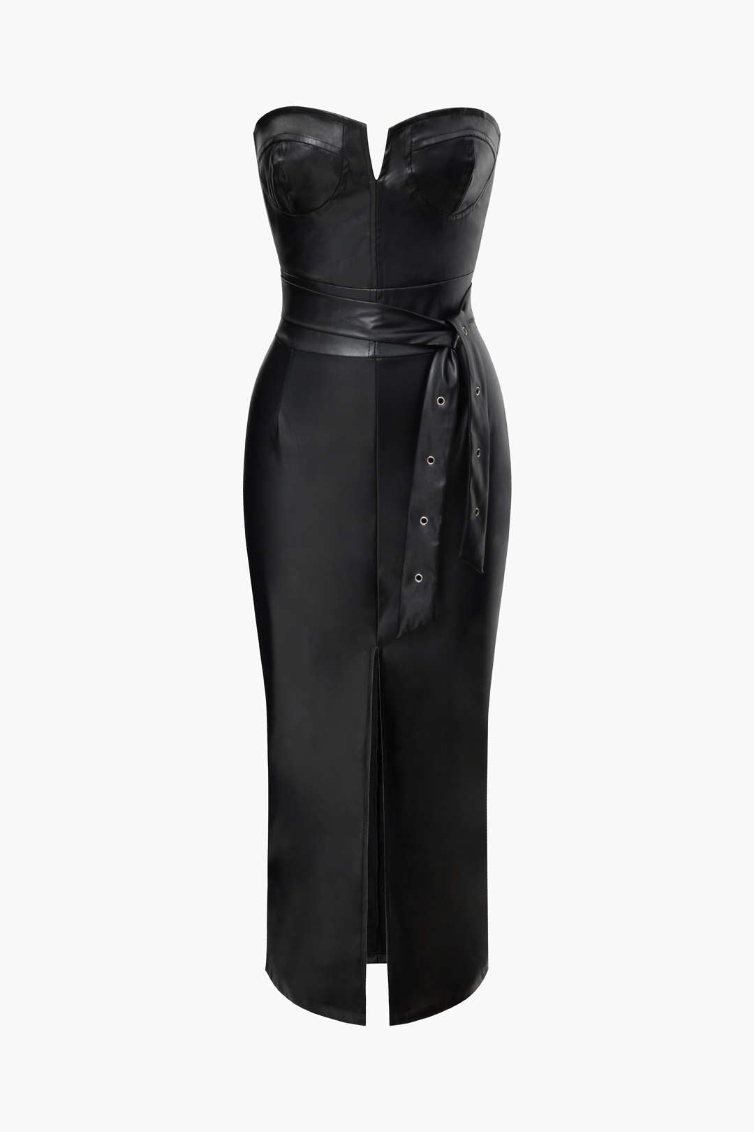 Faux Leather Strapless Slit Midi Dress with Belt - Y2K Aesthetic Fashion Statement Faux Leather Strapless Slit Midi Dress with Belt - Y2K Aesthetic Fashion Statement