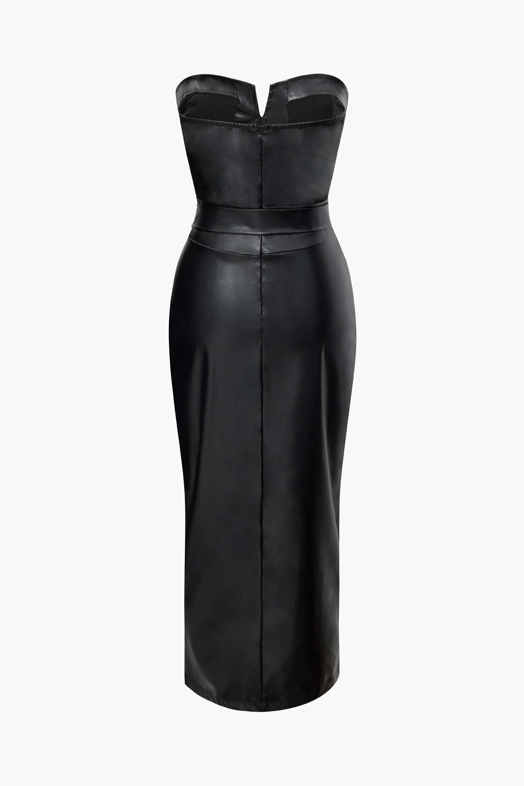 Faux Leather Strapless Slit Midi Dress with Belt - Y2K Aesthetic Fashion Statement Faux Leather Strapless Slit Midi Dress with Belt - Y2K Aesthetic Fashion Statement