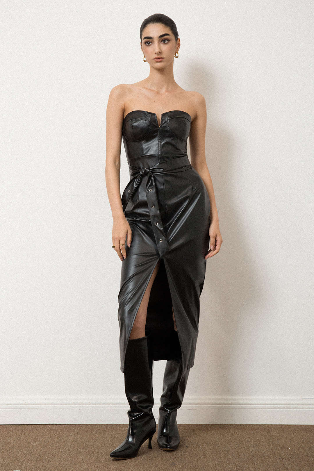 Faux Leather Strapless Slit Midi Dress with Belt - Y2K Aesthetic Fashion Statement