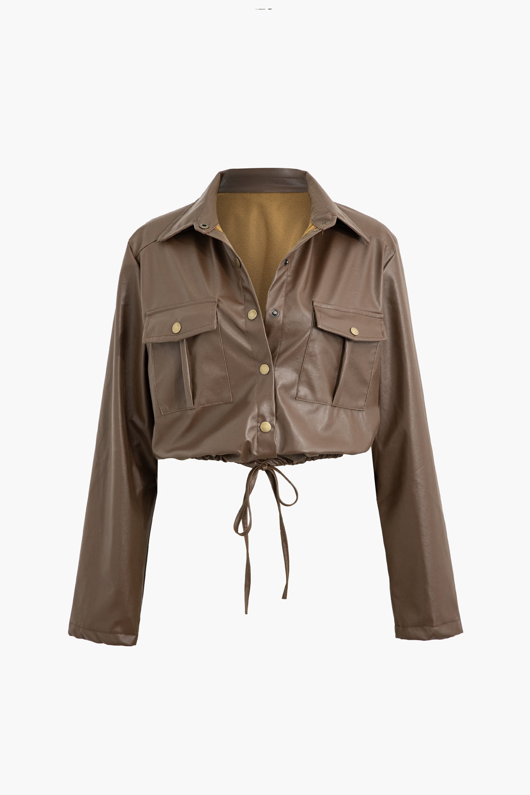 Faux Leather Tie Button-Up Flap Pocket Jacket & Elastic Pants Set for Y2K Aesthetic Style Faux Leather Tie Button-Up Flap Pocket Jacket & Elastic Pants Set for Y2K Aesthetic Style