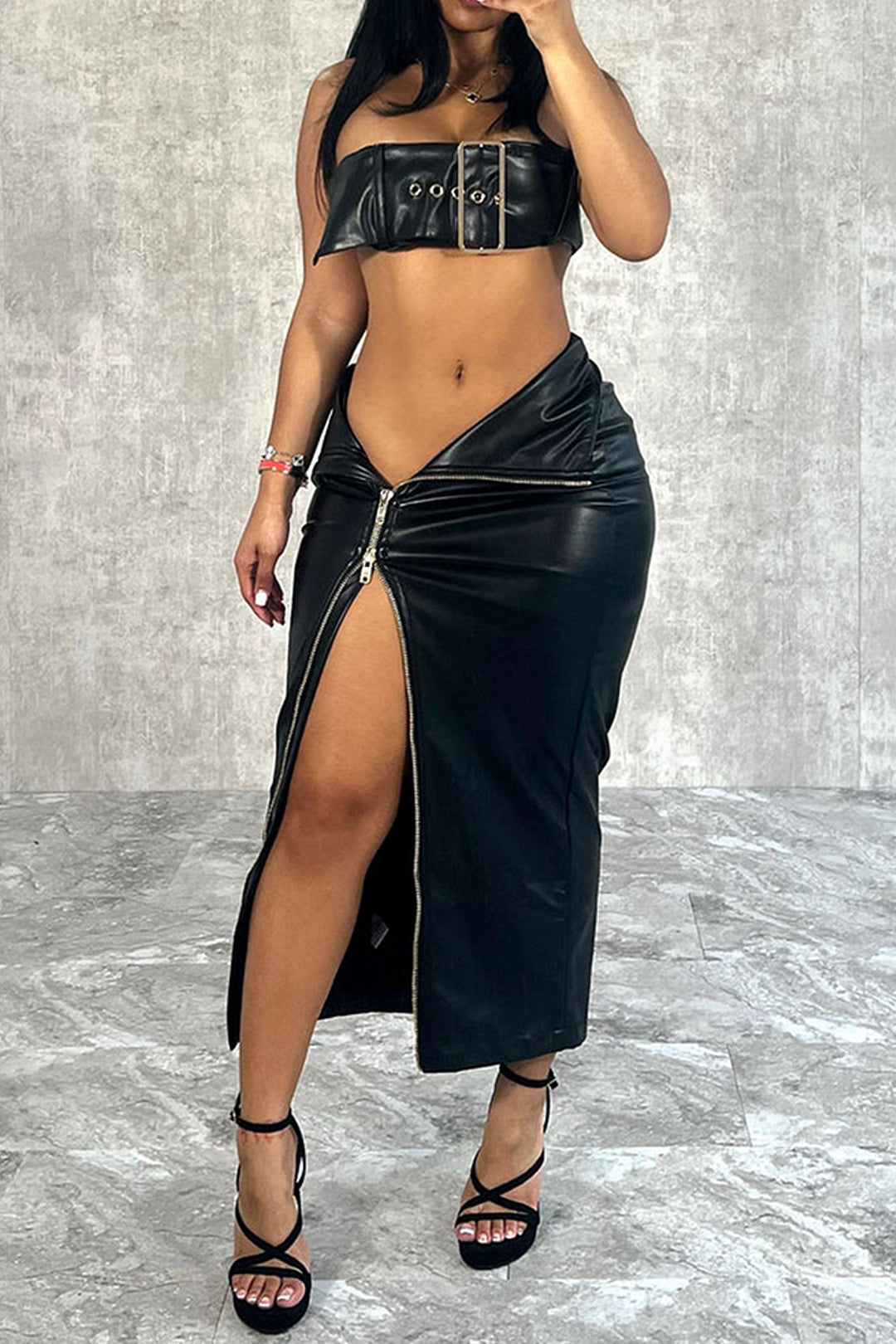Faux Leather Tube Top & Asymmetrical Zipper Slit Midi Skirt Set for Y2K Aesthetic Outfits Faux Leather Tube Top & Asymmetrical Zipper Slit Midi Skirt Set for Y2K Aesthetic Outfits