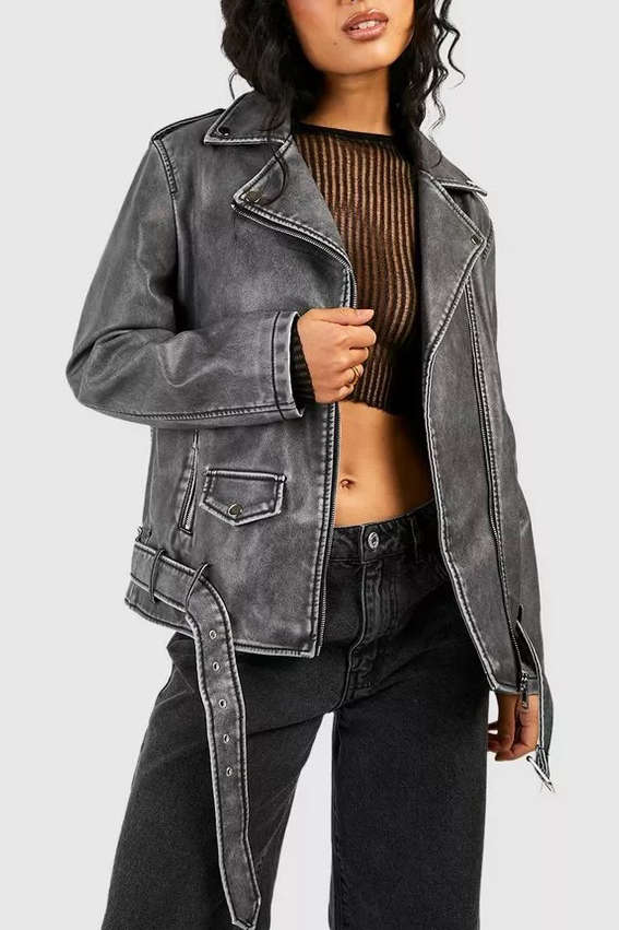 Faux Leather Zipper Belted Jacket with Notched Lapel for Y2K Grunge Aesthetic Style Faux Leather Zipper Belted Jacket with Notched Lapel for Y2K Grunge Aesthetic Style