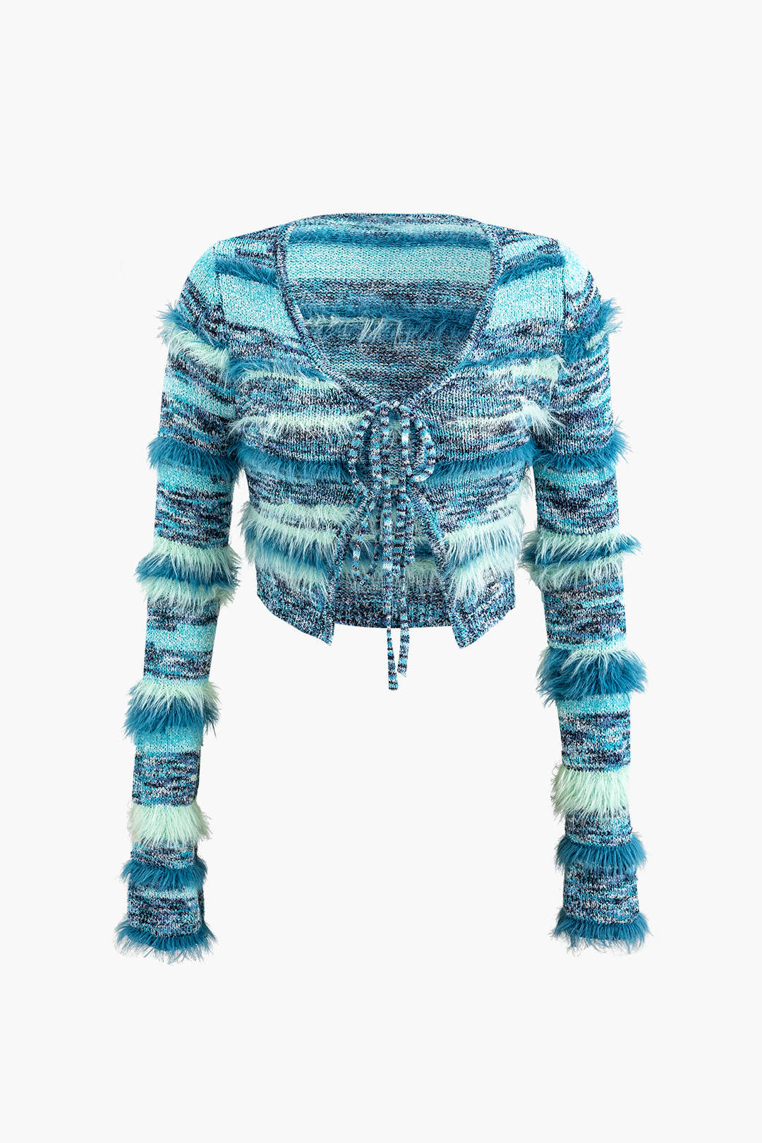 Feather Detail Tie Front Long Sleeve Knit Cardigan in Y2K Aesthetic Style