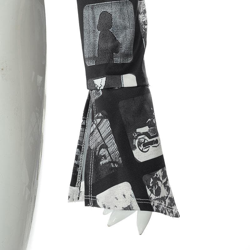 Flared Long Sleeve Print Top with Turnover Collar - Y2K Aesthetic Cute Fashion Flared Long Sleeve Print Top with Turnover Collar - Y2K Aesthetic Cute Fashion