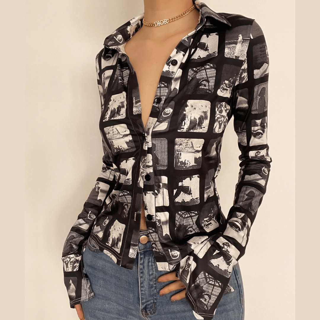 Flared Long Sleeve Print Top with Turnover Collar - Y2K Aesthetic Cute Fashion Flared Long Sleeve Print Top with Turnover Collar - Y2K Aesthetic Cute Fashion