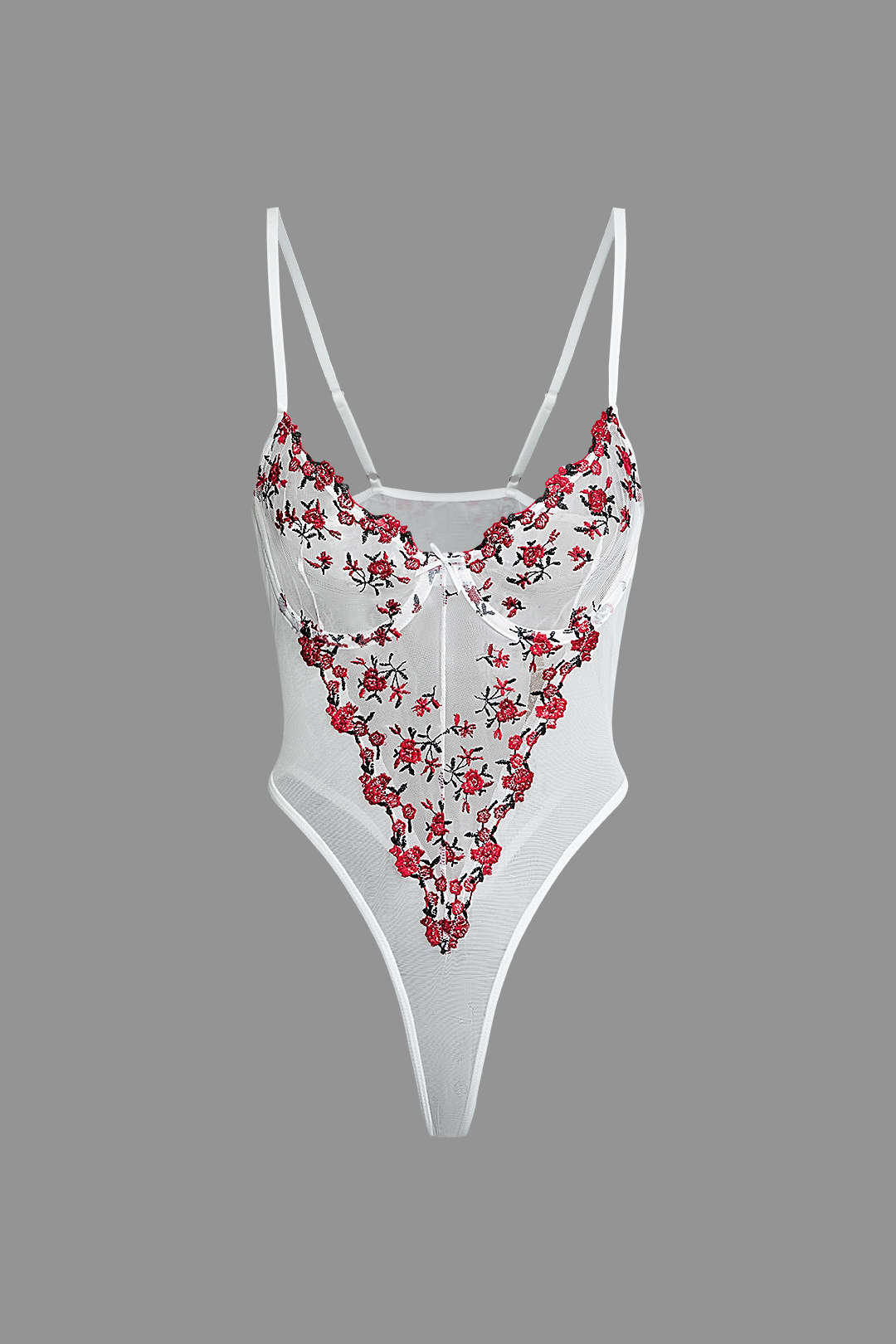 Floral Embroidered Mesh Cami Bodysuit for Y2K Aesthetic and Coquette Style Outfits