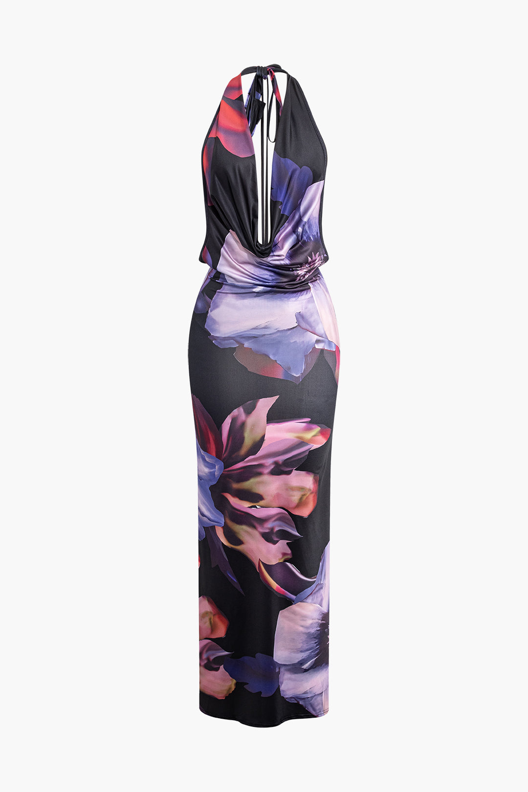 Floral Print Backless Tie Halter Maxi Dress - Y2K Aesthetic Cowl Neck Style Floral Print Backless Tie Halter Maxi Dress - Y2K Aesthetic Cowl Neck Style