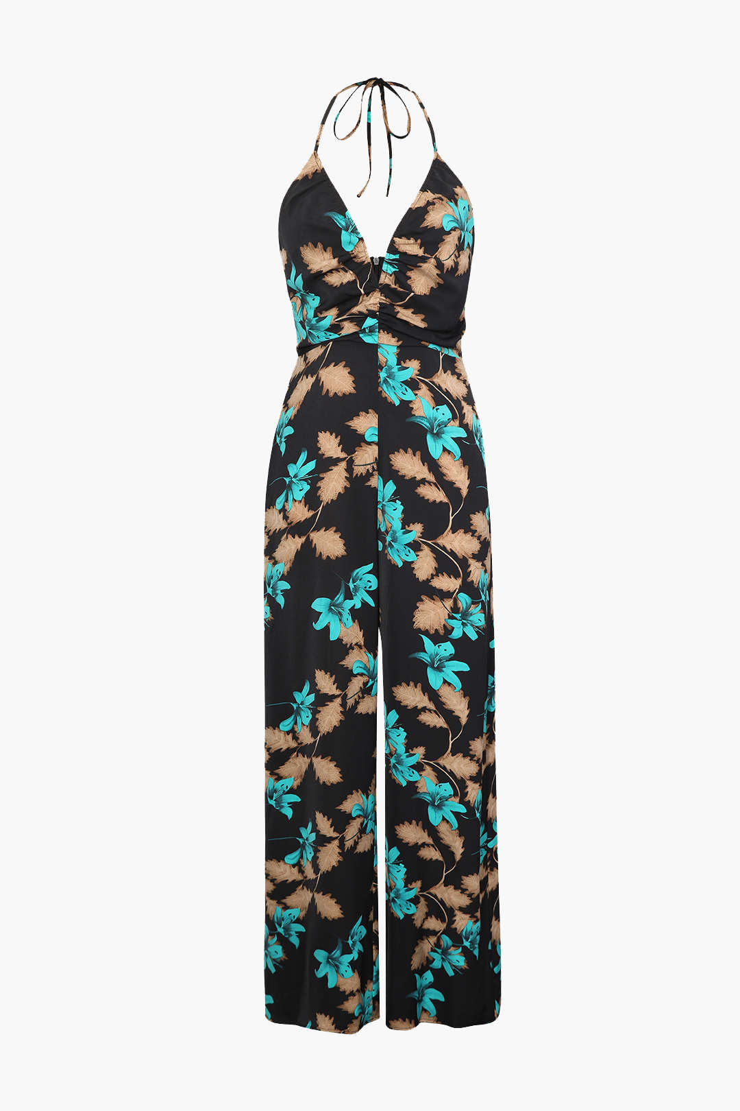 Floral Print Halter V-Neck Jumpsuit for Y2K Aesthetic and Coquette Style Outfits