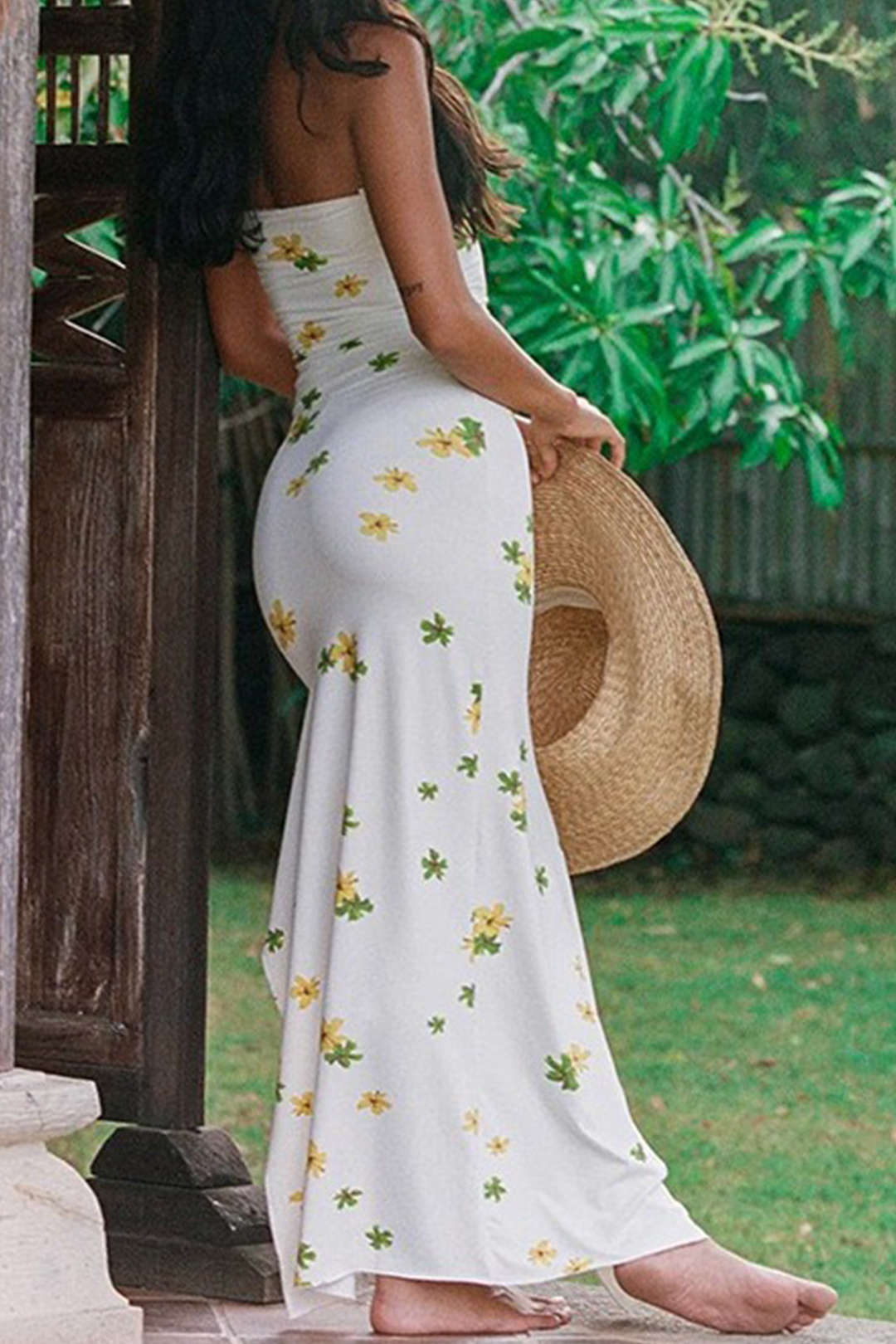 Floral Print Ruched Slit Strapless Maxi Dress for Y2K Aesthetic and Coquette Style Floral Print Ruched Slit Strapless Maxi Dress for Y2K Aesthetic and Coquette Style