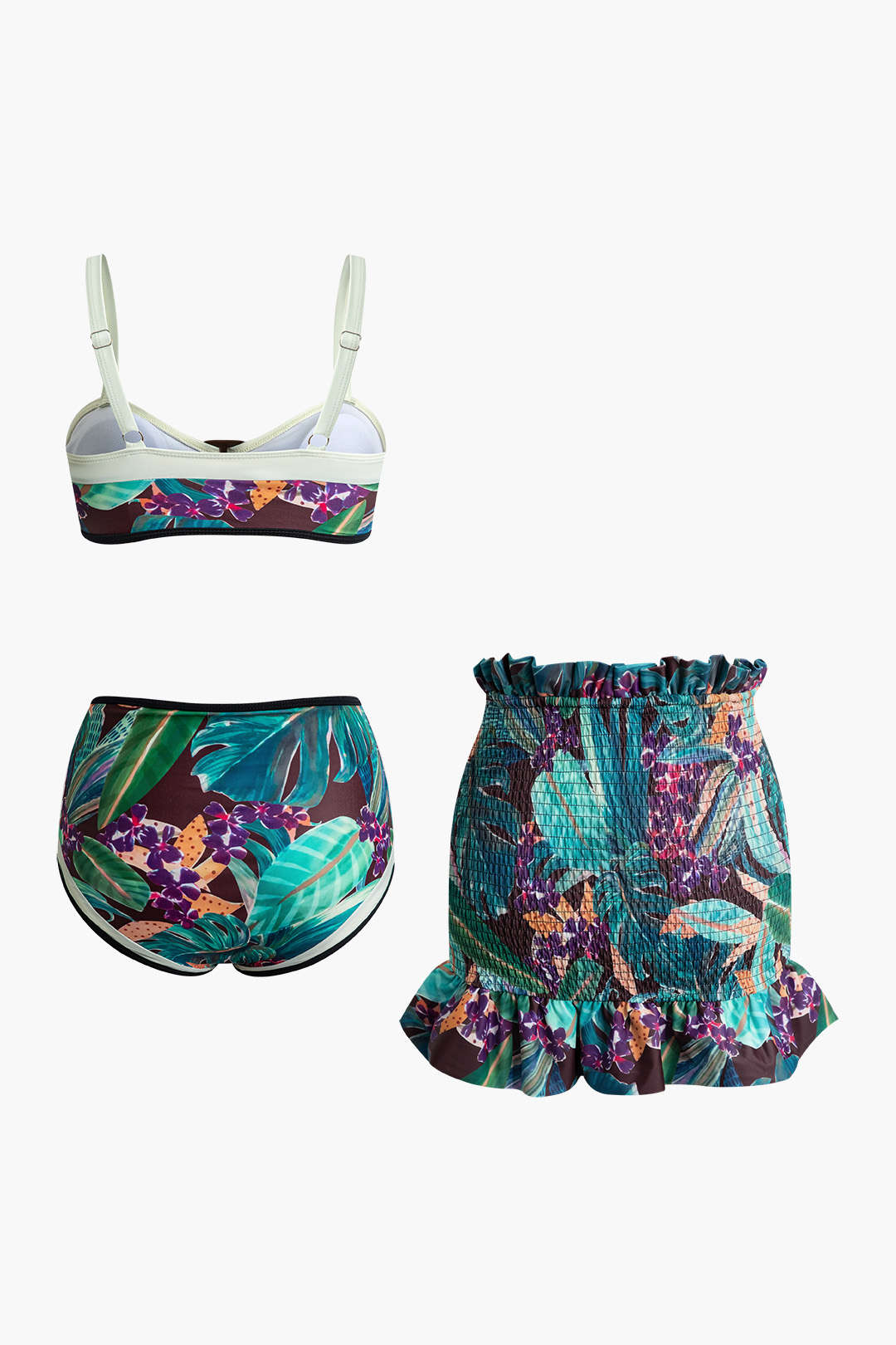 Floral Print Ruffle Mini Skirt and Bikini 3-Piece Set for Y2K Aesthetic Outfits Floral Print Ruffle Mini Skirt and Bikini 3-Piece Set for Y2K Aesthetic Outfits