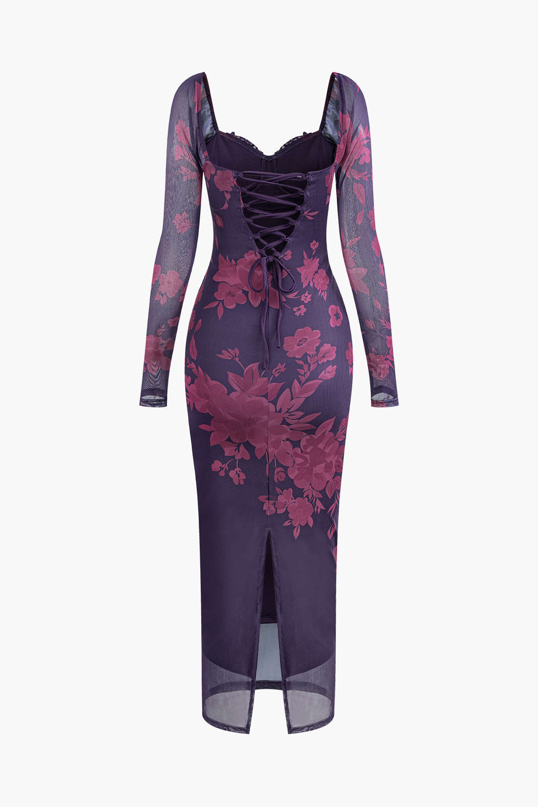 Floral Square Neck Mesh Tie Back Lace Trim Slit Maxi Dress for Y2K Coquette Aesthetic